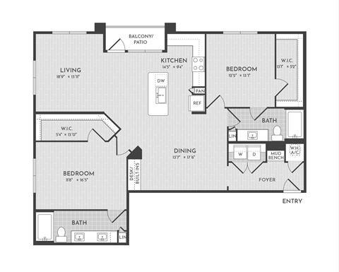 Floor plan for 2 beds, 2 baths, 1445 sqft